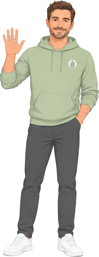 Jonas, die digitale Figur von HAND WERK, winkt